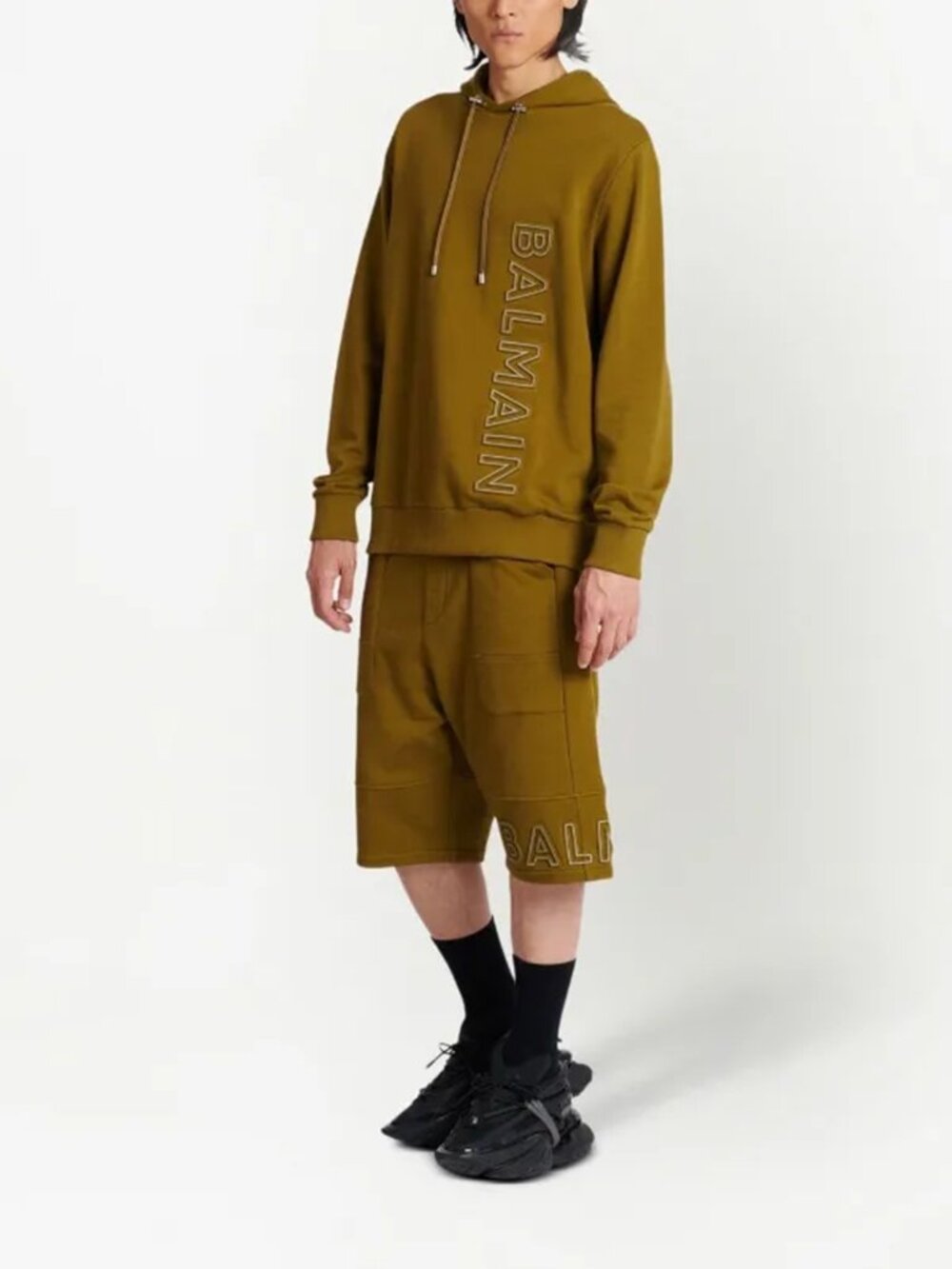 NWT Balmain UNISEX Hoodie Sweatshirt Logo Embossed Pullover Brown L
